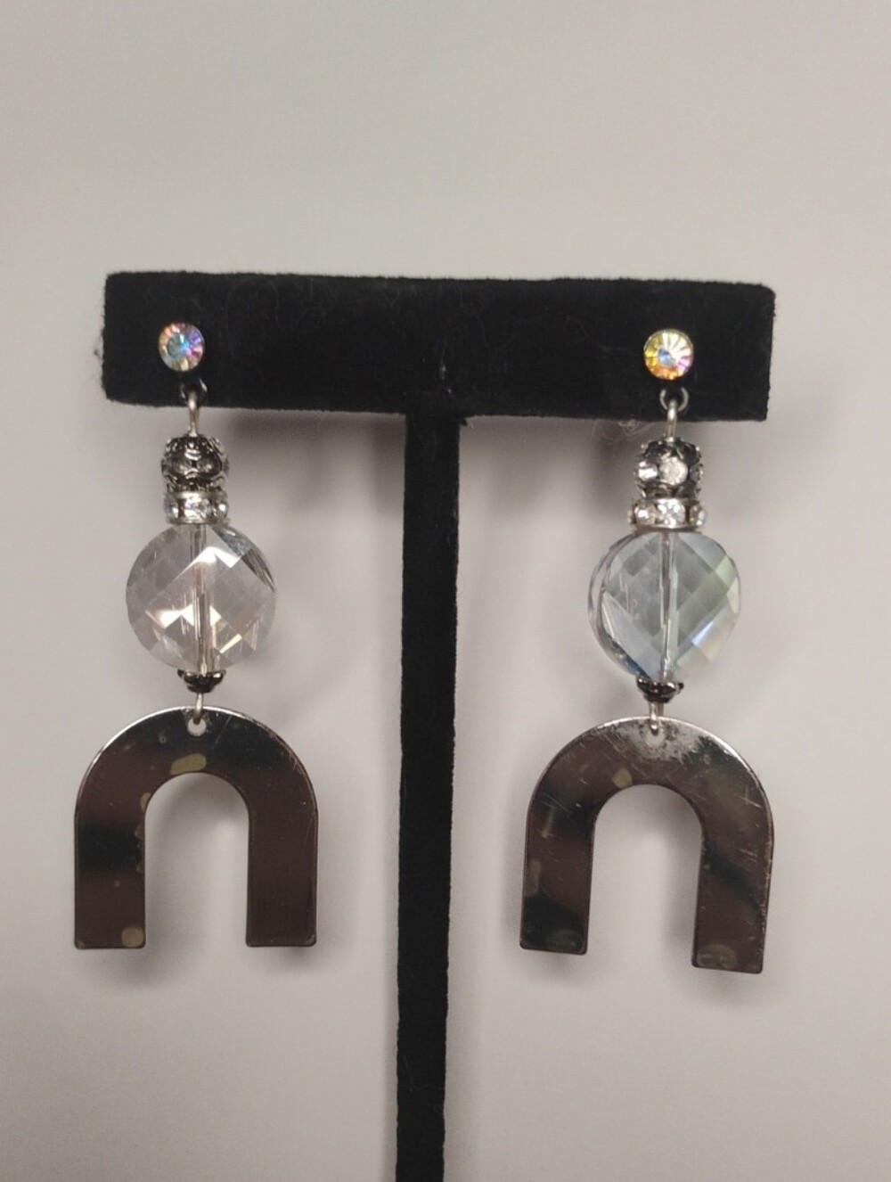 Handmade Silver Tone Geometric Arch Crystal Dangle Earrings